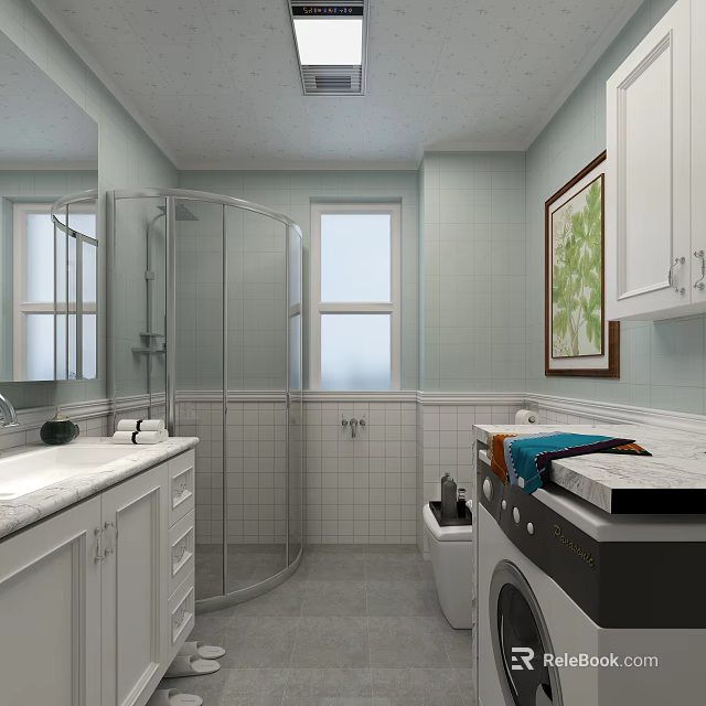 Elegant Light Green Tiled Bathroom Interior With Curved Glass Shower Sink Vanity And Laundry Area 3d model 