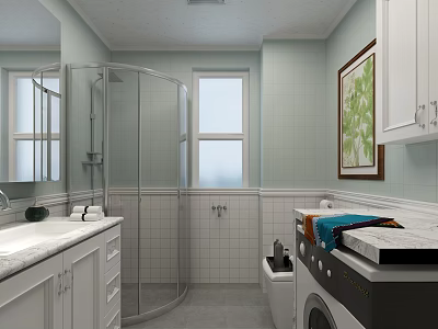 Elegant Light Green Tiled Bathroom Interior With Curved Glass Shower Sink Vanity And Laundry Area 3d model