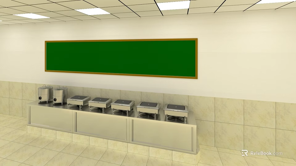 Hotel Restaurant Featuring Green Menu Board Stainless Steel Warmers Light Tile Walls Ceiling Lights 3d model 