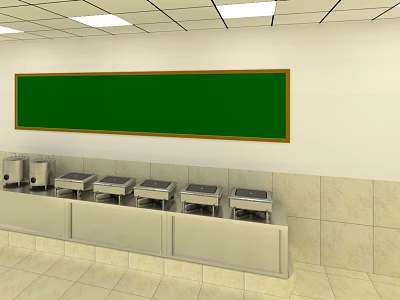 Hotel Restaurant Featuring Green Menu Board Stainless Steel Warmers Light Tile Walls Ceiling Lights 3d model