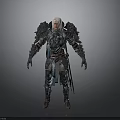 Man with White Hair in Blue Silver Armor and Large Shoulder Ornaments on Gray Background