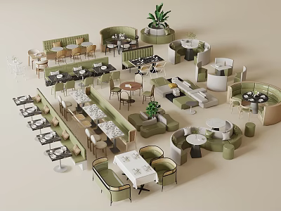 Modern Booth Sofas In Café Layout With Tables Chairs And Green Plants 3d model