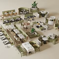 Modern Booth Sofas In Café Layout With Tables Chairs And Green Plants 3d model