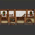 Medieval Style Indoor Scene With Wooden Floor Stained Glass Windows And Staircases