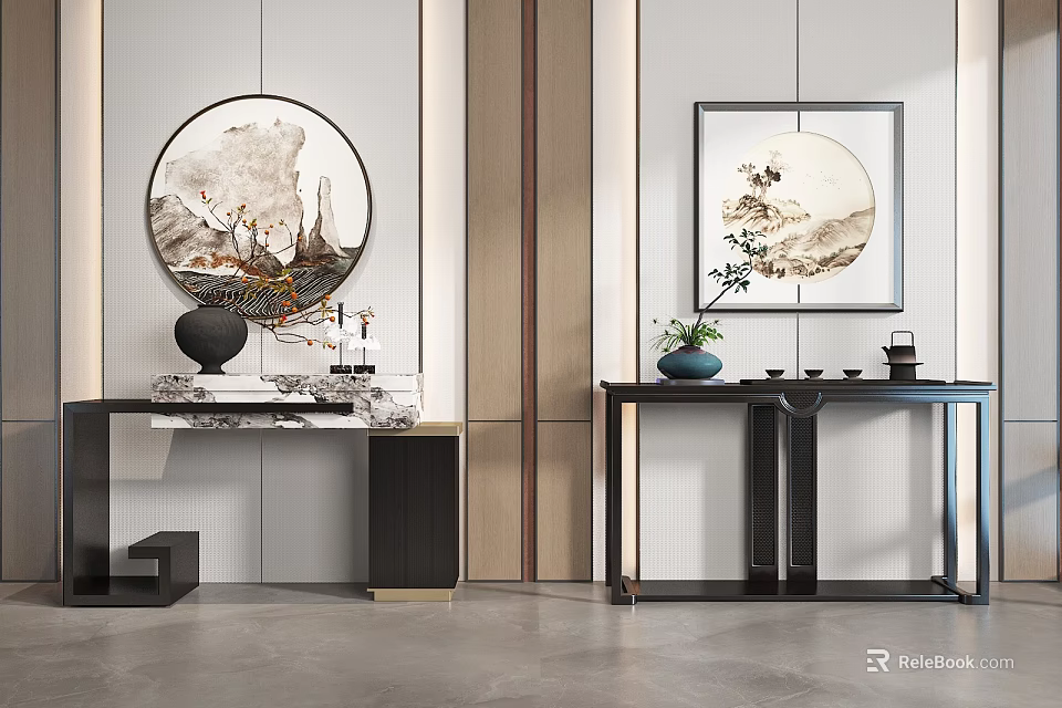 Elegant Modern Chinese Console Table Design With Round Landscape Painting Vase And Tea Set 3d model 