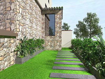 Beautiful Garden Landscape With Stone Wall Lawn Stone Pathway And Green Plants Trees 3d model