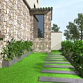 Beautiful Garden Landscape With Stone Wall Lawn Stone Pathway And Green Plants Trees