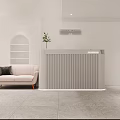 Modern Clothing Store With White Walls Metal Racks Hanging Clothes Pink Sofa And Arched Shelf