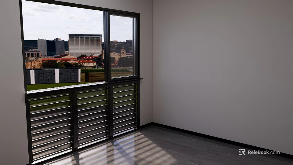 Modern Interior With Large Window City View Gray Flooring And Metal Railing 3d model 