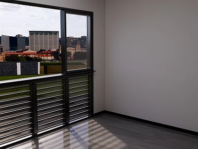 Modern Interior With Large Window City View Gray Flooring And Metal Railing 3d model