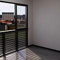 Modern Interior With Large Window City View Gray Flooring And Metal Railing
