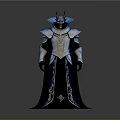 Fantasy Character In Blue Silver Armor With Spiked Helmet Red Eyes And Golden Cloak