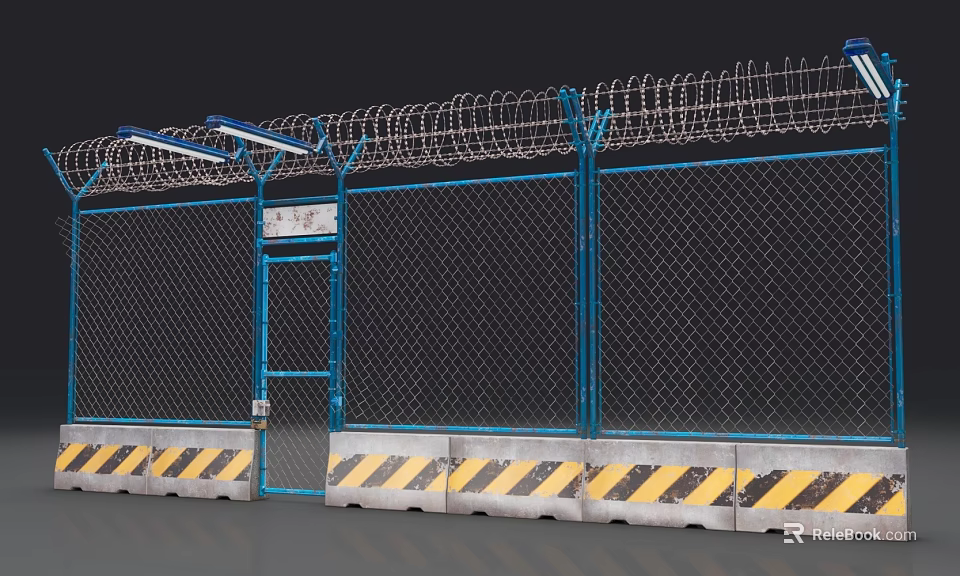 Public Security Fence With Blue Frame Barbed Wire Gate And Warning Strips 3d model 