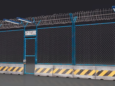 Public Security Fence With Blue Frame Barbed Wire Gate And Warning Strips 3d model