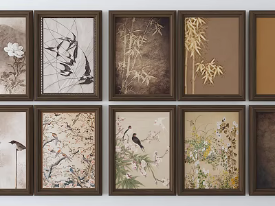 Chinese Style Framed Landscape Paintings With Floral Bamboo And Bird Elements 3d model