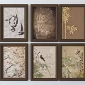 Chinese Style Framed Landscape Paintings With Floral Bamboo And Bird Elements