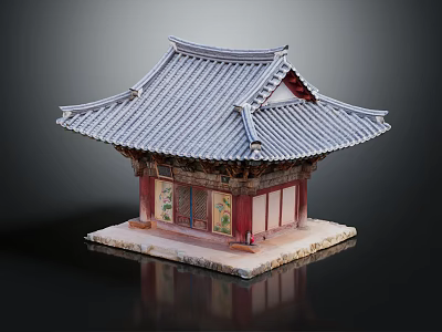 Traditional Korean Architecture Model With Gray Tile Roof Red Columns And Decorative Doors 3d model