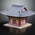 Traditional Korean Architecture Model With Gray Tile Roof Red Columns And Decorative Doors