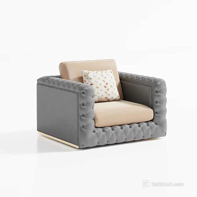 Modern Gray Single Sofa With Beige Cushion Button Tufted Arms Gold Pattern Pillow And Gold Legs 3d model 
