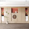 Modern Wooden Wardrobe Interior With Decorative Plants Circular Design And Open Shelves