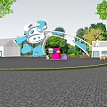 Cartoon Style Arch Shaped Entrance Gate With Colorful Decor And Trees In Paved Square