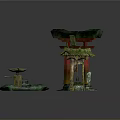 Traditional Japanese Garden With Torii Gate Wooden Shrine Stone Lantern Water Basin And Green Grass