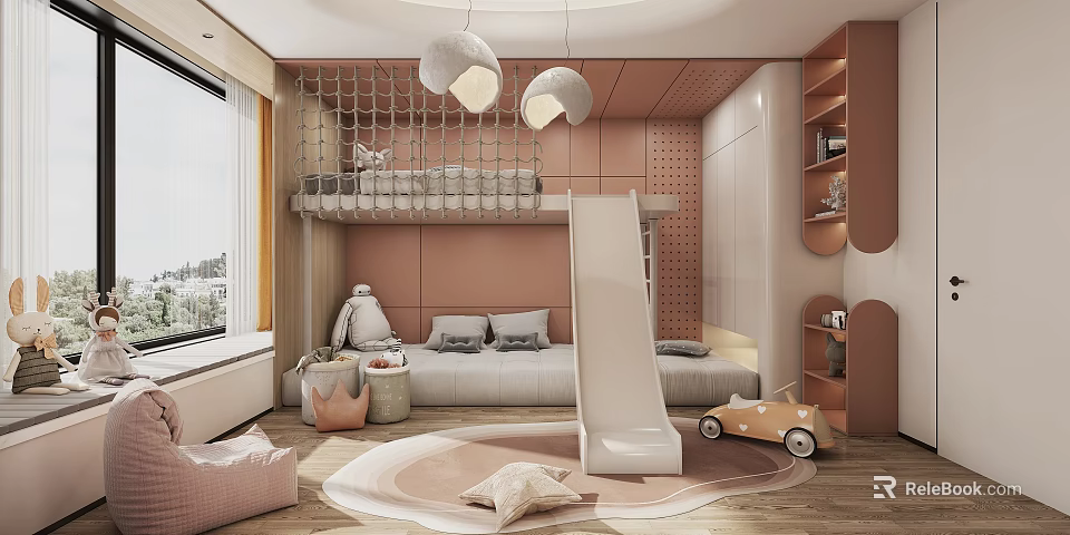 Kids Room Interior With Bunk Bed Slide Peach Brown Walls Hanging Net And Toy Car 3d model 
