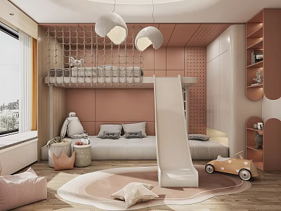 Kids Room Interior With Bunk Bed Slide Peach Brown Walls Hanging Net And Toy Car 3d model