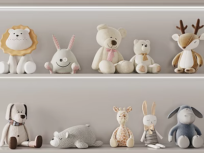 Cute Plush Animal Toys Display On Shelves With Different Styles 3d model