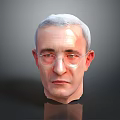 Man with gray white hair wearing glasses 3D model head on dark background with reflection