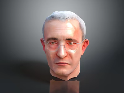 Man with gray white hair wearing glasses 3D model head on dark background with reflection 3d model