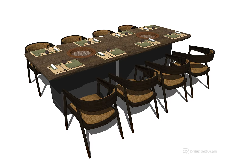 Rectangular Wooden Dining Table Set With Eight Chairs And Table Mats 3d model 