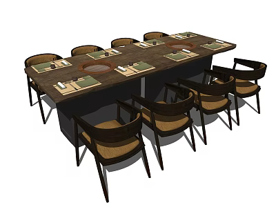 Rectangular Wooden Dining Table Set With Eight Chairs And Table Mats 3d model