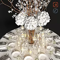 Dining Table Decorated With White Flowering Branches Large White Flowers Hanging Lanterns And Glassware