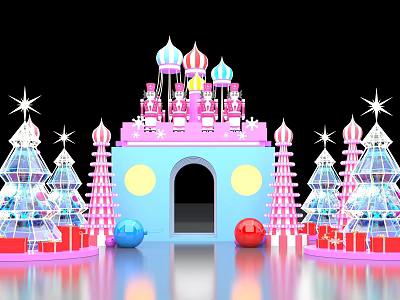 Castle Like Pink And Blue Art Installation With Transparent Christmas Trees Stars And Spheres 3d model