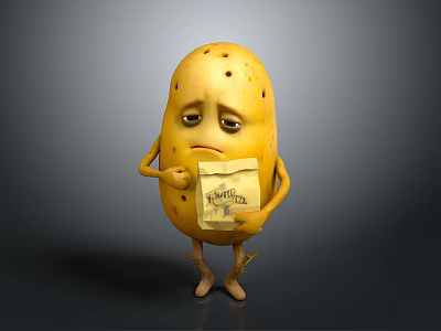 Cartoon Potato With Sad Expression Holding Potato Chips Bag Standing Against Dark Background 3d model