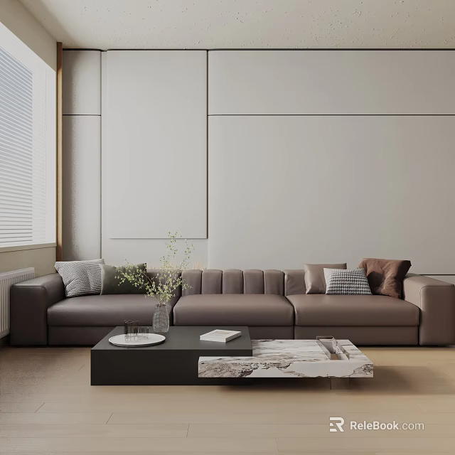 Three Seater Gray Sofa in Modern Living Room with Black Coffee Table Vase and Books 3d model 