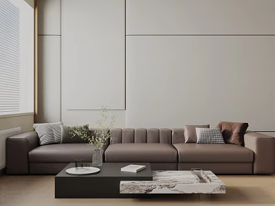 Three Seater Gray Sofa in Modern Living Room with Black Coffee Table Vase and Books 3d model