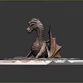 Elegant Sitting Bronze Dragon Sculpture On Pink Square Base With Circular Stone Plate