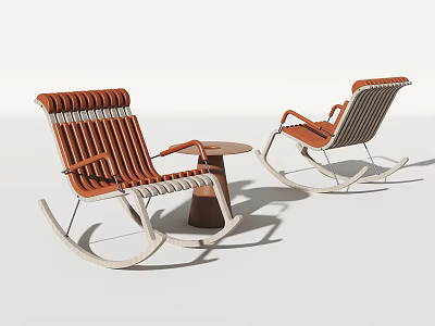 Two Modern Rocking Chairs With Orange Seats Striped Design And Small Round Table 3d model
