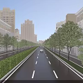 Urban Road Infrastructure With Two Way Lanes Green Median Sidewalk Trees And High Rise Buildings