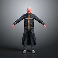 Bald Male Character With Fantasy Creature In Dark Robe And Cross Strap Design Look