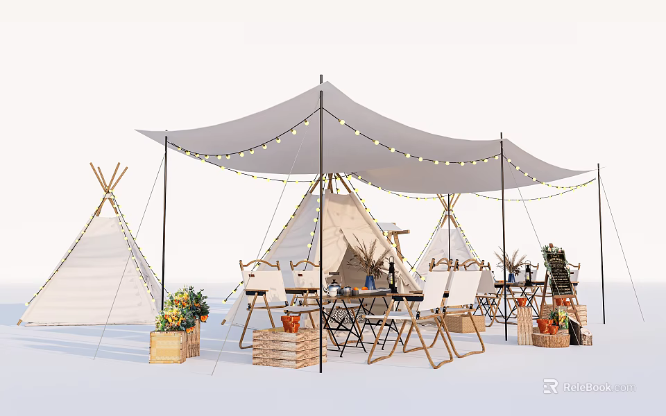 Outdoor Tipi Tents Setup With Canopy String Lights Folding Chairs And Wooden Crates With Flowers 3d model 