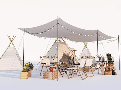 Outdoor Tipi Tents Setup With Canopy String Lights Folding Chairs And Wooden Crates With Flowers 3d model