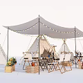 Outdoor Tipi Tents Setup With Canopy String Lights Folding Chairs And Wooden Crates With Flowers