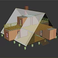 Cartoon Scene of a House with White Triangular Roof Orange Wooden Walls Balcony Railings and Steps