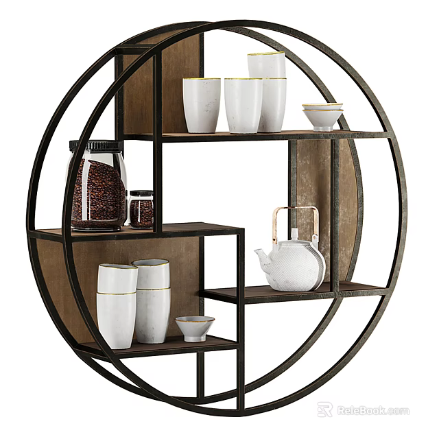 Chinese Style Circular Design Interior With Wooden Hanging Wall Cabinets And Ceramic Cups Teapot 3d model 