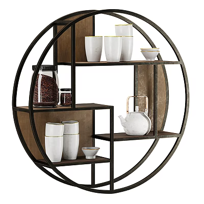 Chinese Style Circular Design Interior With Wooden Hanging Wall Cabinets And Ceramic Cups Teapot 3d model