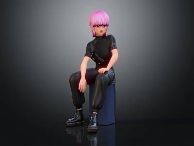 Pink Haired Character Sitting On Blue Cylinder In Black Outfit Against Dark Background 3d model