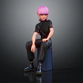 Pink Haired Character Sitting On Blue Cylinder In Black Outfit Against Dark Background